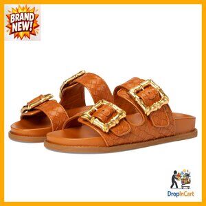 Leather Woven Flatform Sandals Sporty Chic Slide Buckled Straps Round Toe